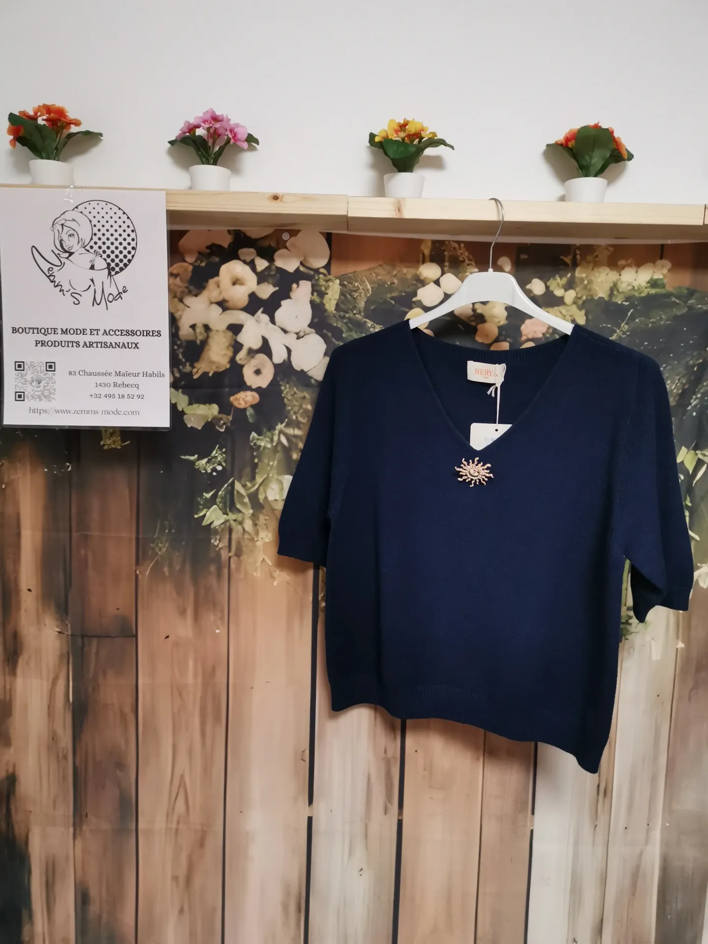 Pull manches courtes broche soleil Marine (TU max. 46)