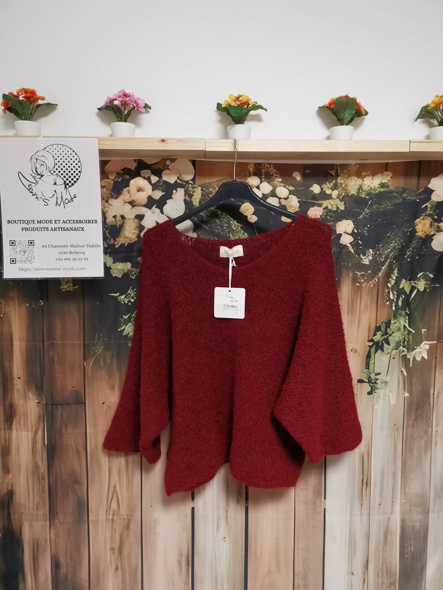 Pull laine manches 3/4 "Dina" Bordeaux