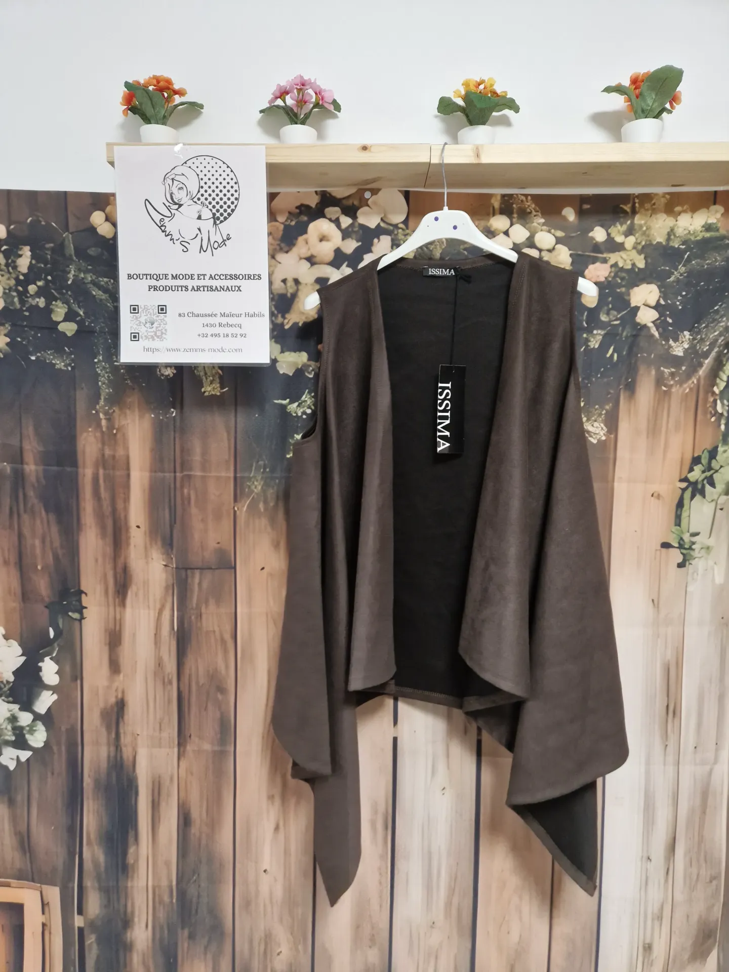 Veste sans manches asymétrique daim "Omia" chocolat