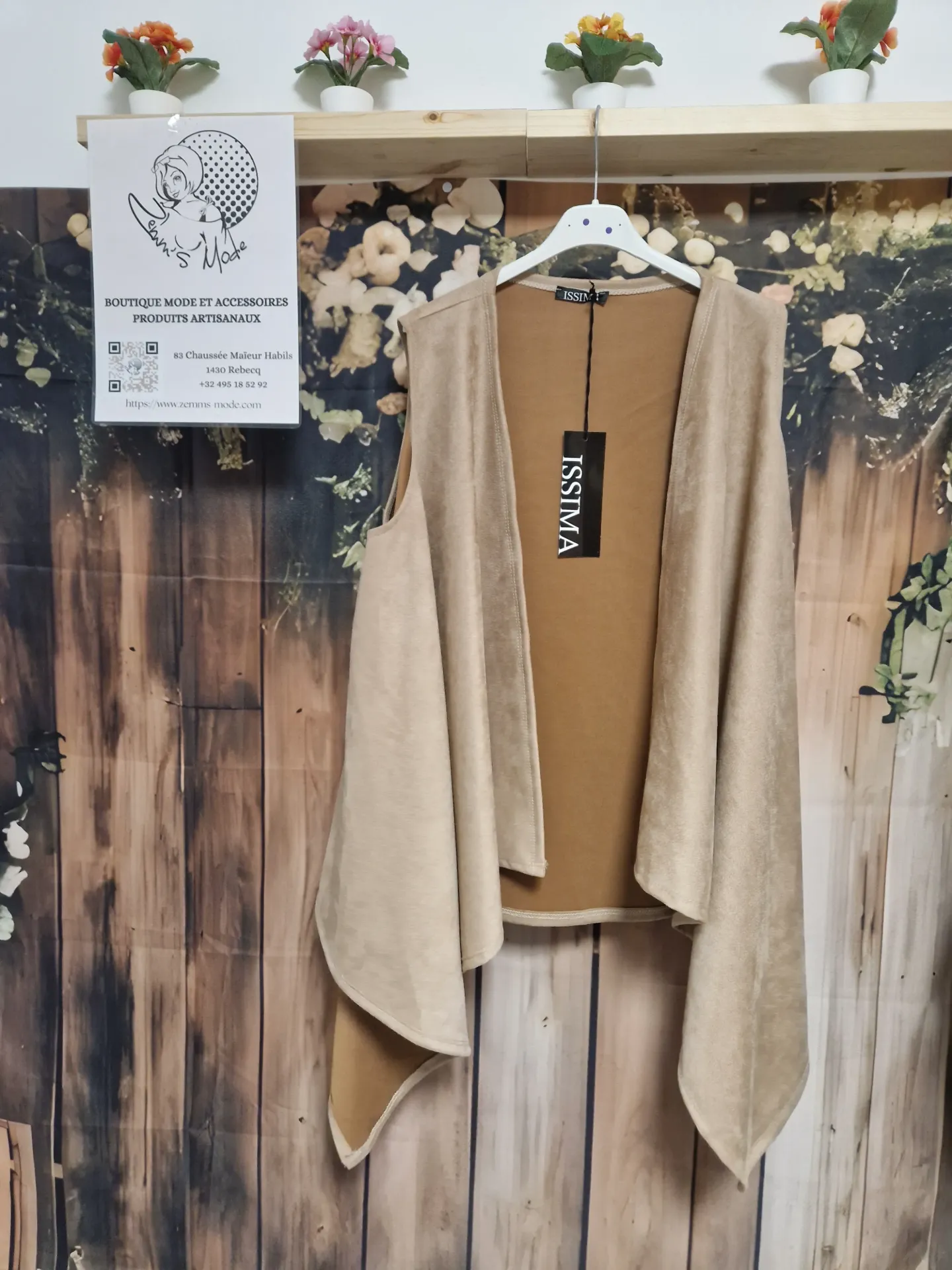 Veste sans manches asymétrique daim "Omia" Beige