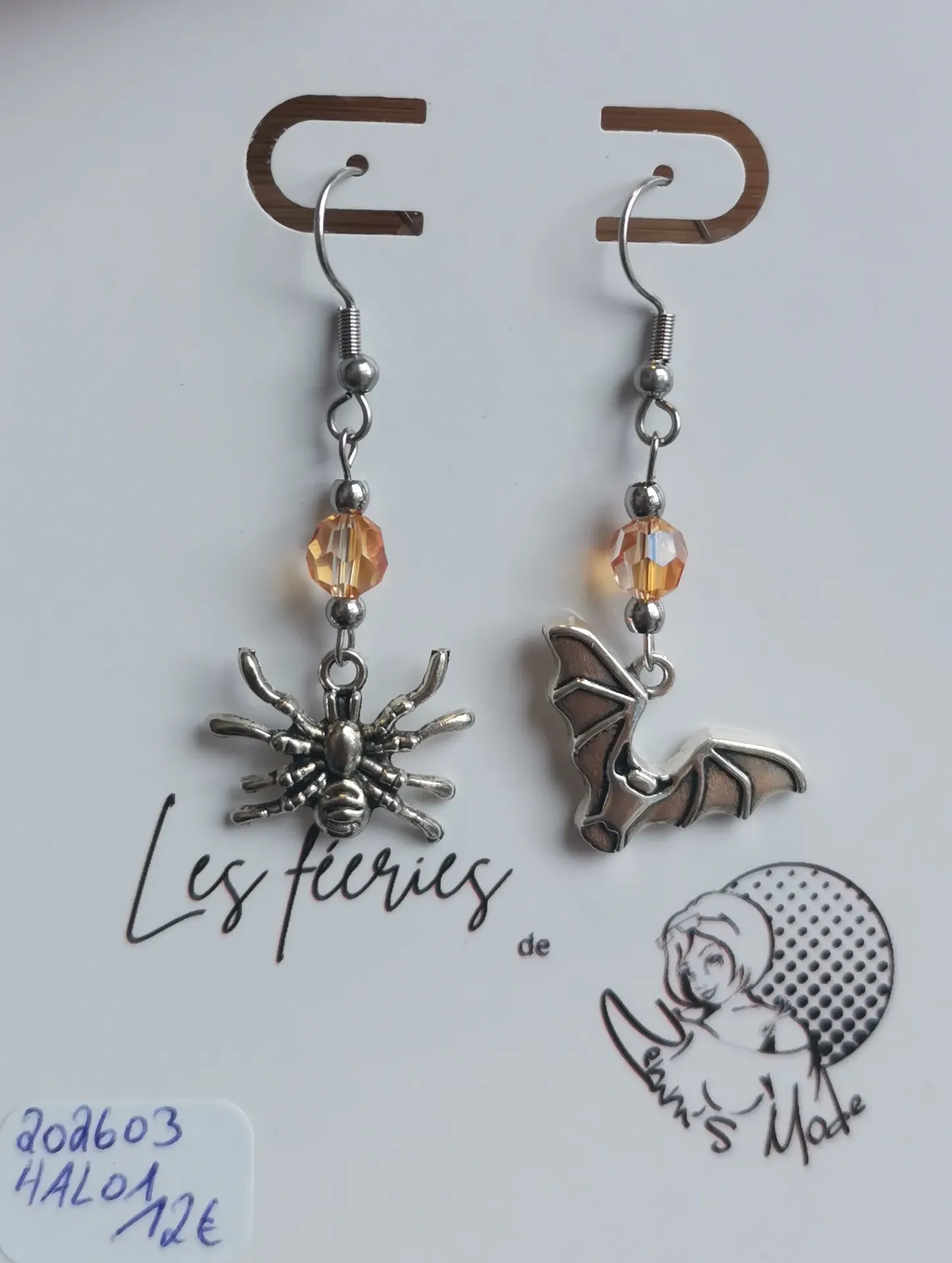 Boucles d'oreilles argentées chauve-souris/araignée perles Dark Orange