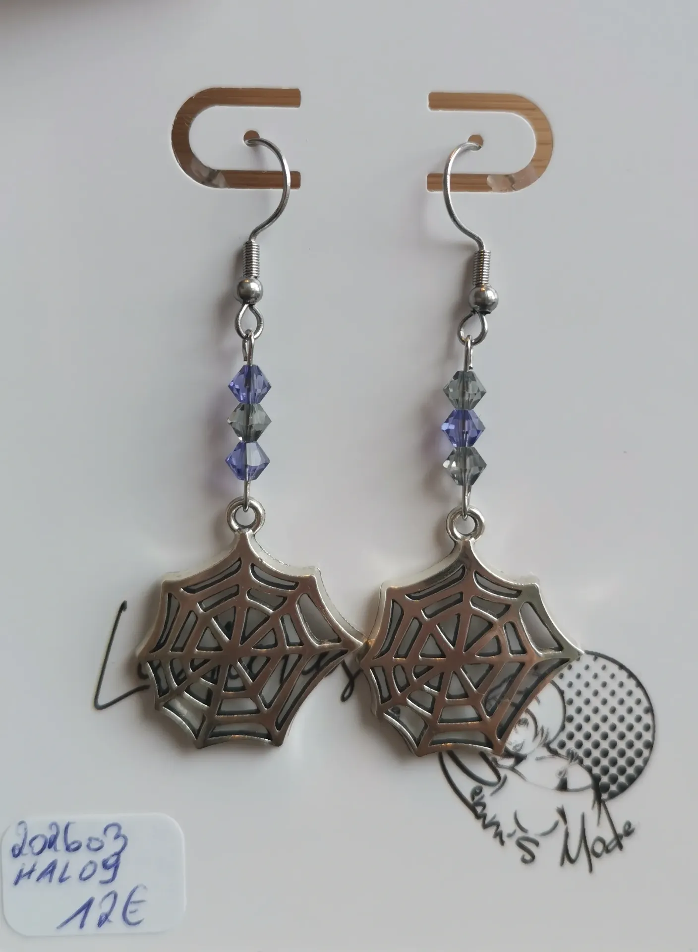 Boucles d'oreilles argentées toiles hexagones toupies Iris & Gris