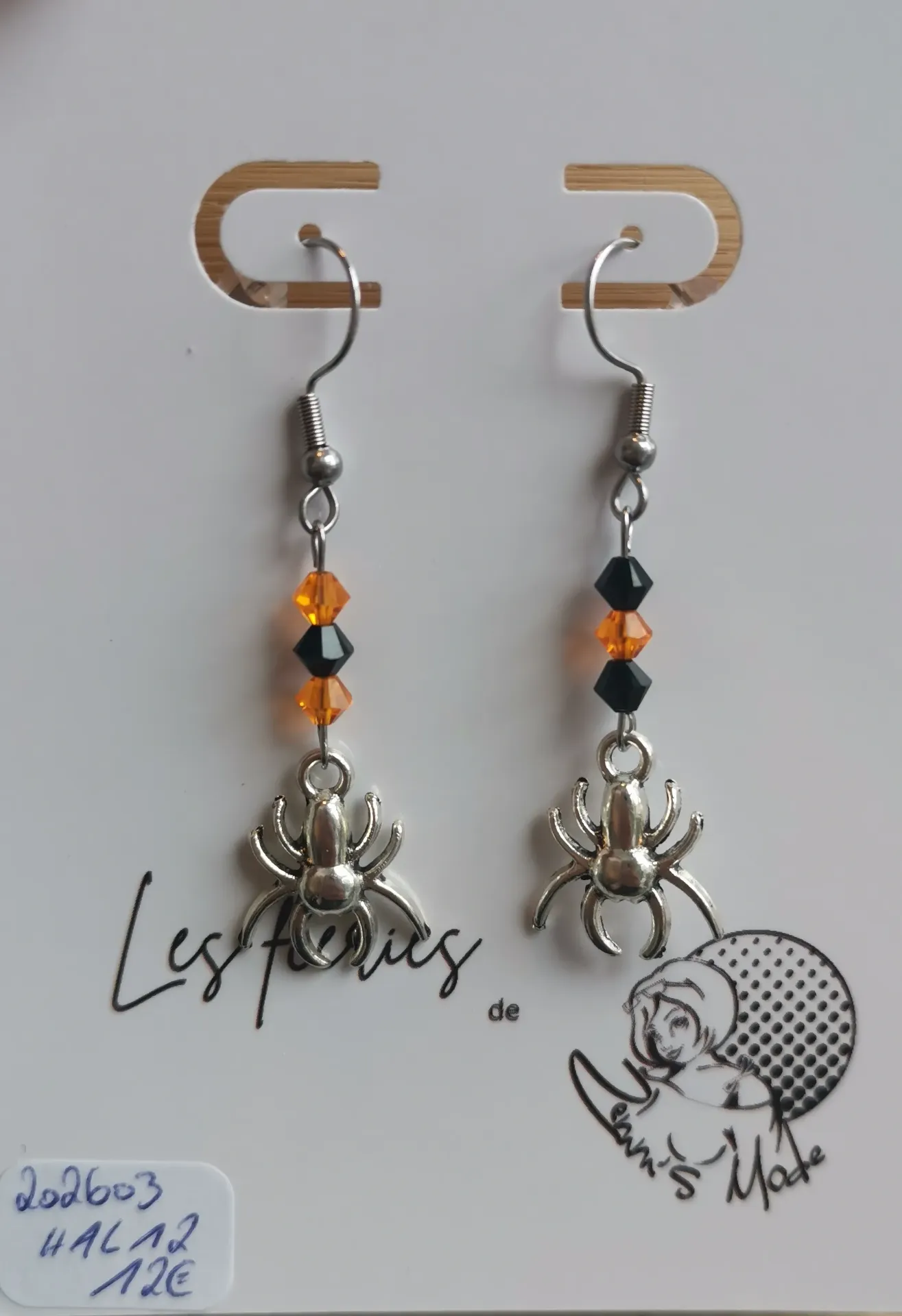 Boucles d'oreilles argentées araignées toupies Orange fluo & Noir