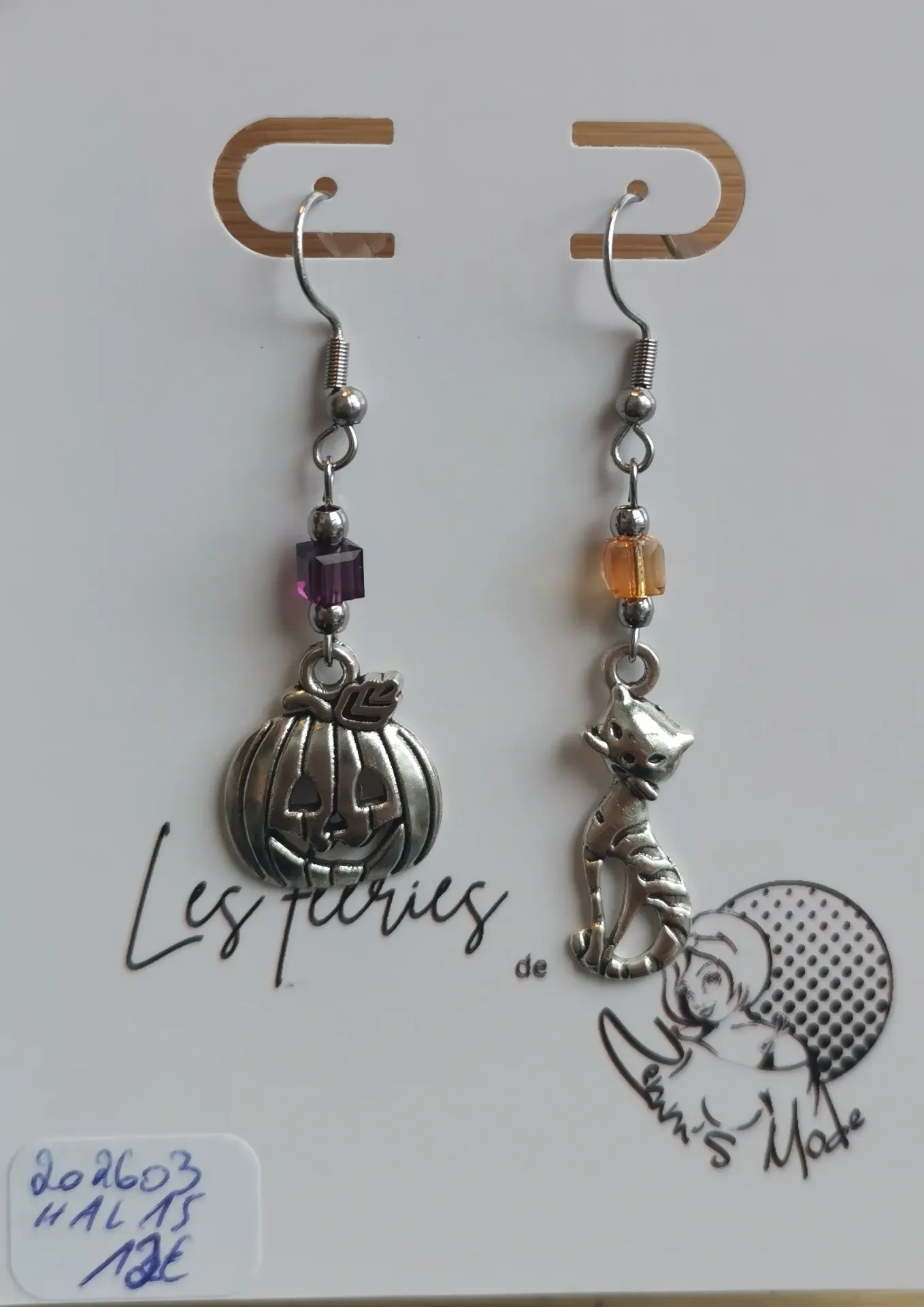 Boucles d'oreilles argentées chat/citrouille cubes Dark Orange & Amethyst