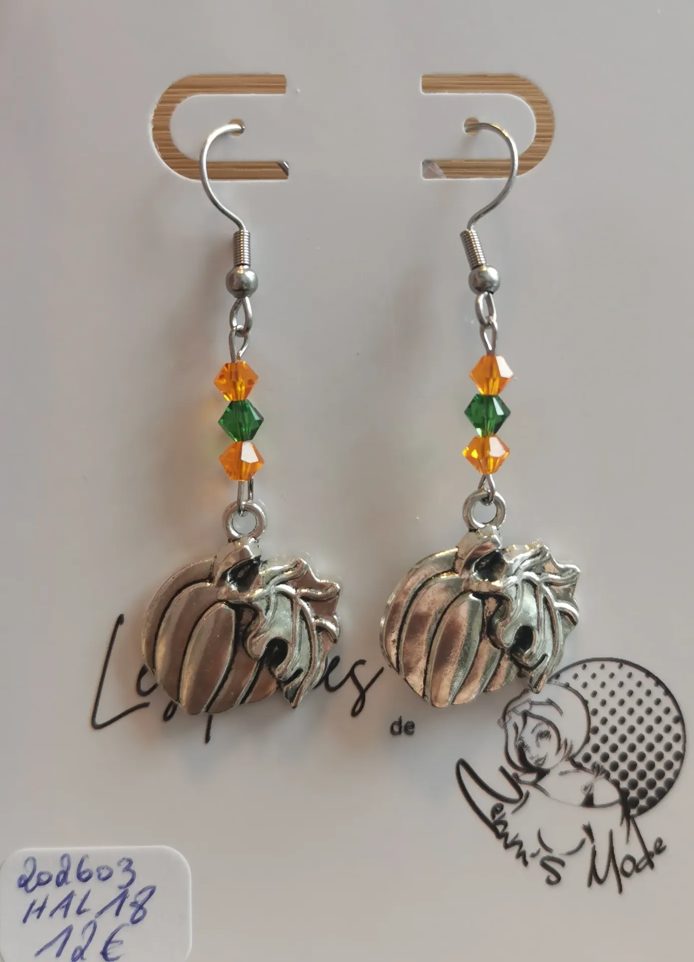 Boucles d'oreilles argentées citrouilles toupies Vertes & Orange Fluo