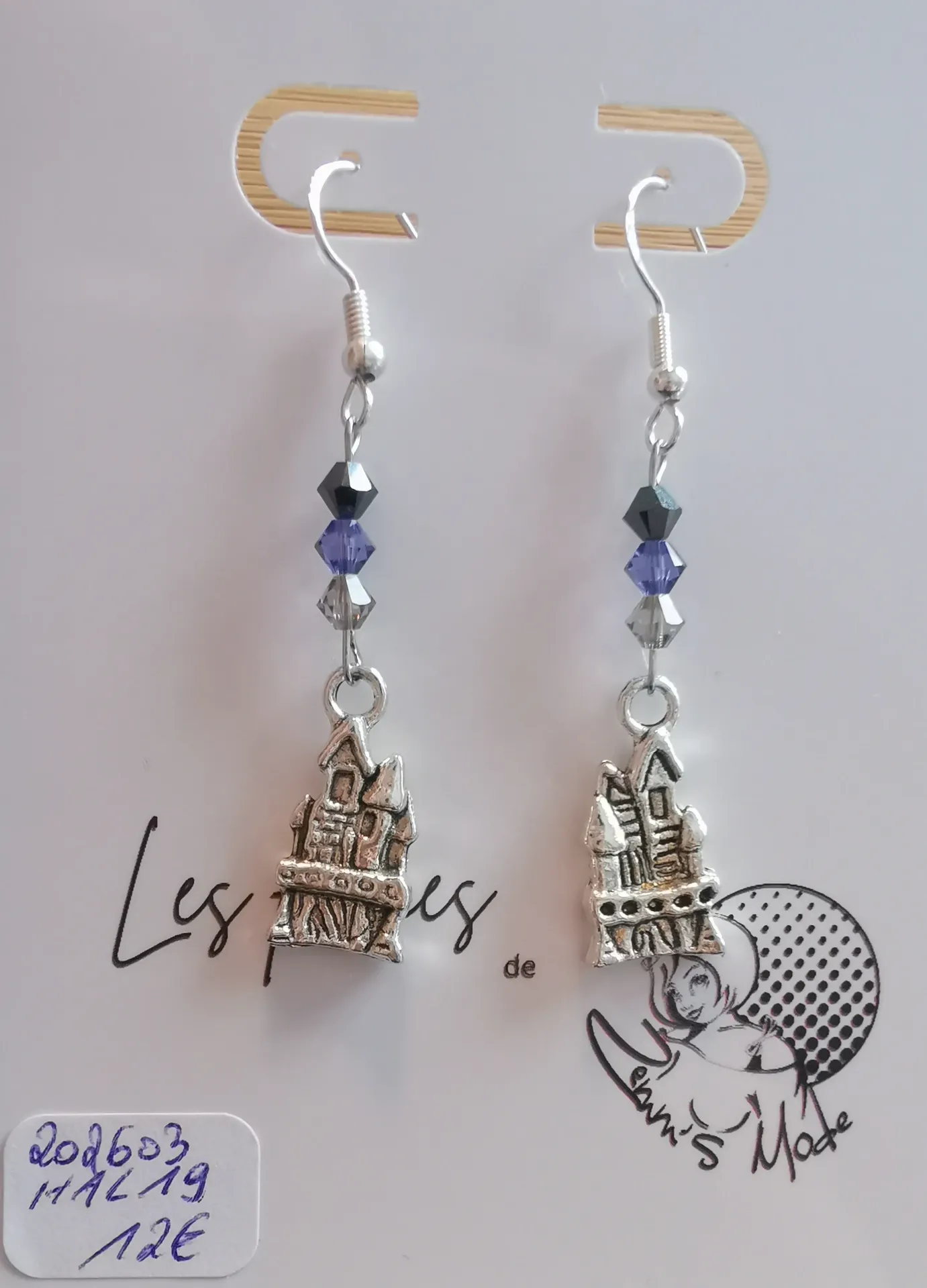 Boucles d'oreilles argentées Manoirs toupies tons Noirs & Iris