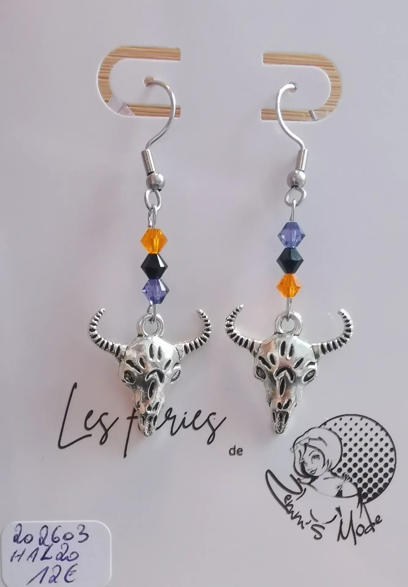 Boucles d'oreilles argentées Buffles toupies Noires, Orange fluo & Iris
