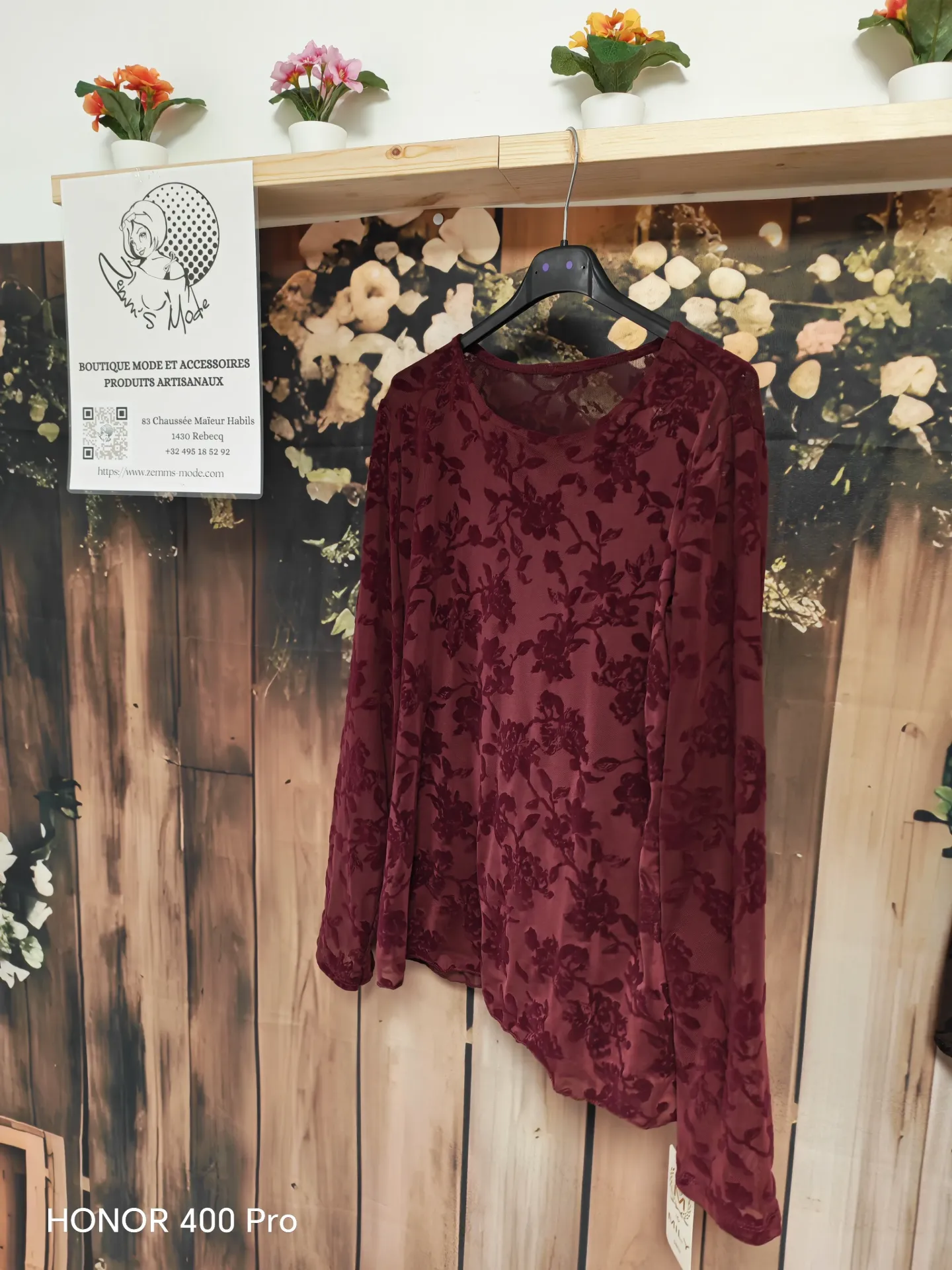 Top "Véro" fleurs velours T3 Bordeaux (TU jusqu'au 52)