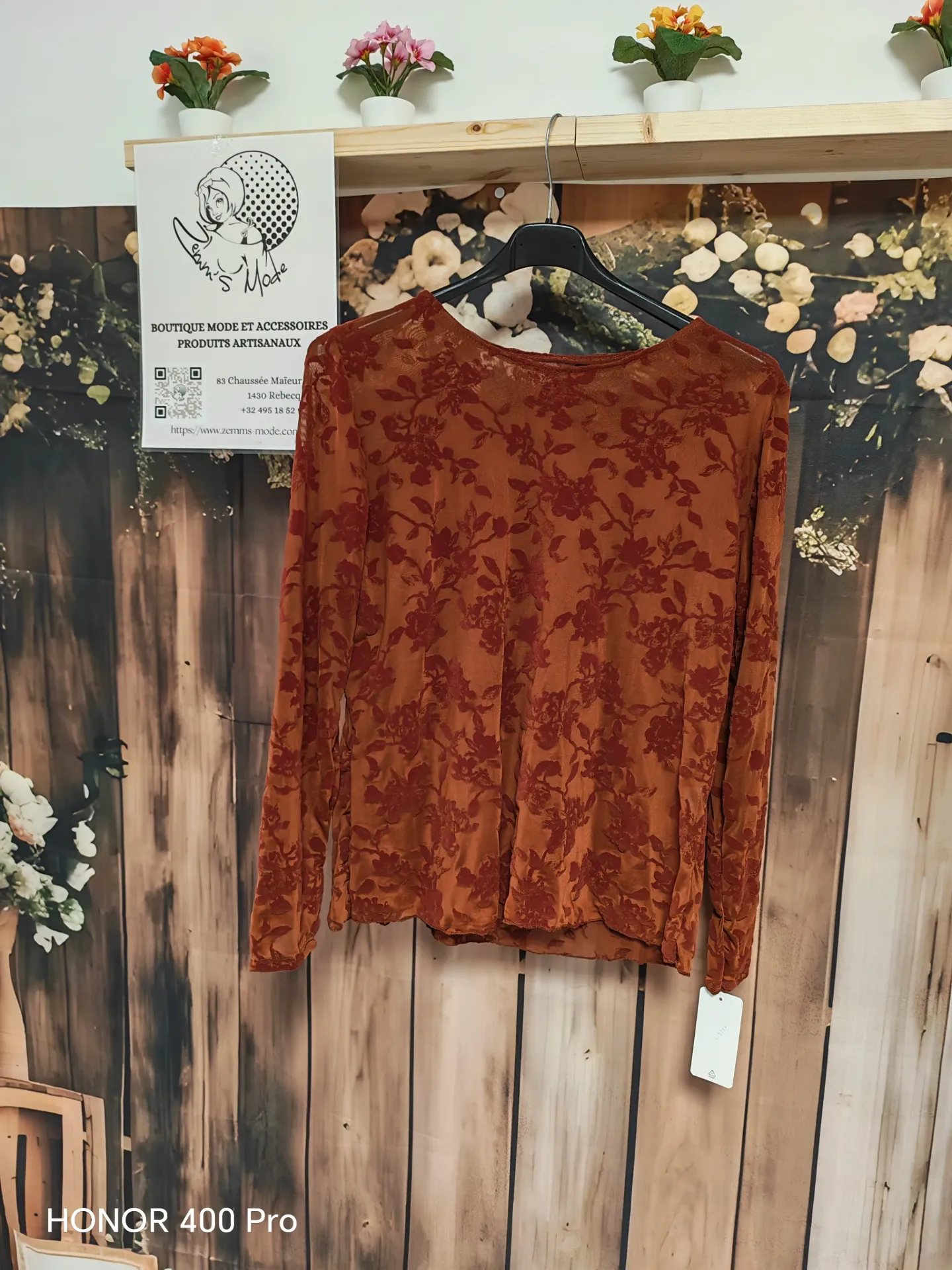 Top "Véro" fleurs velours T2 Rouille (TU jusqu'au 46)