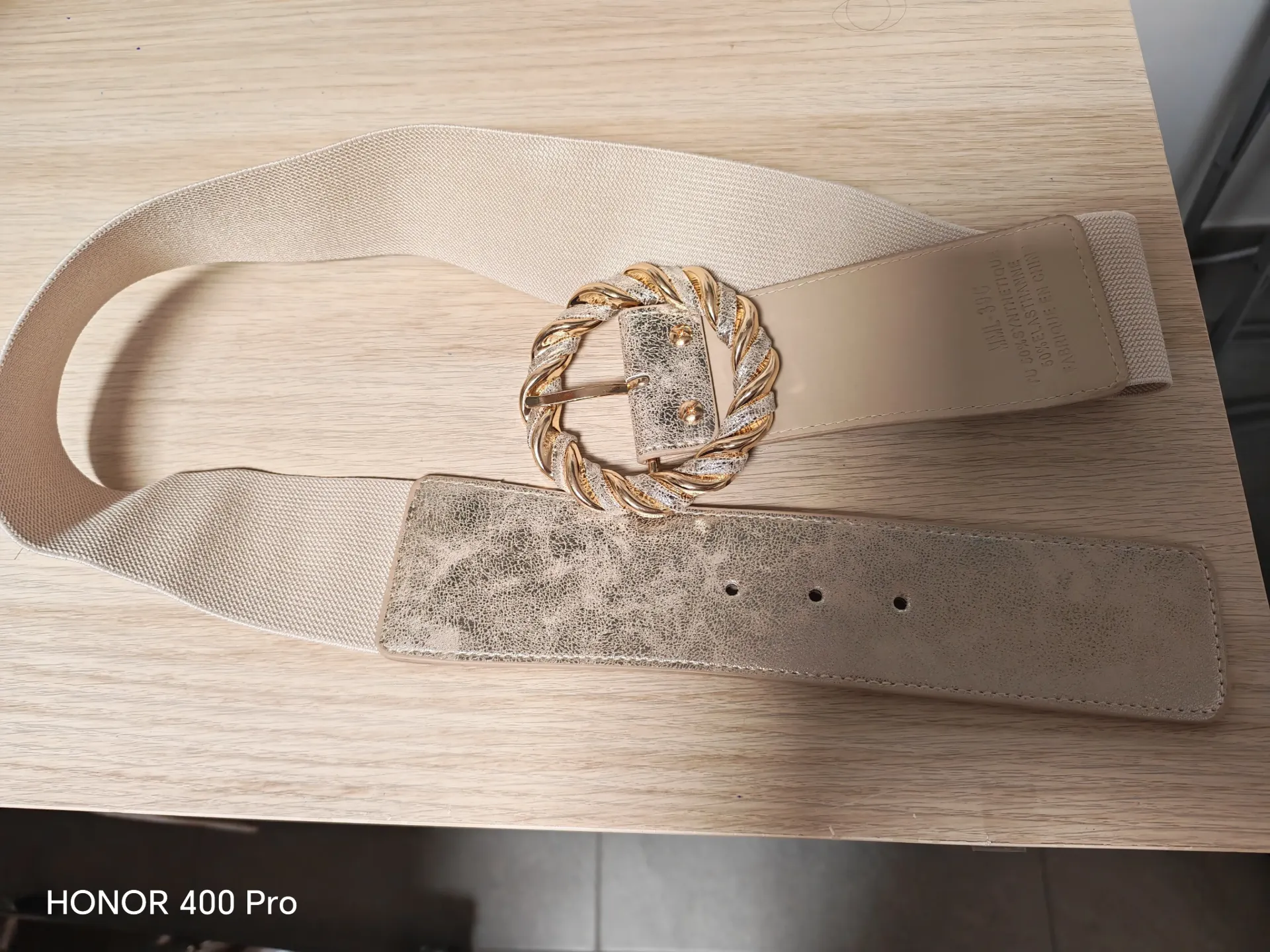 ceinture élastique dorée/beige bout arrondi tressé