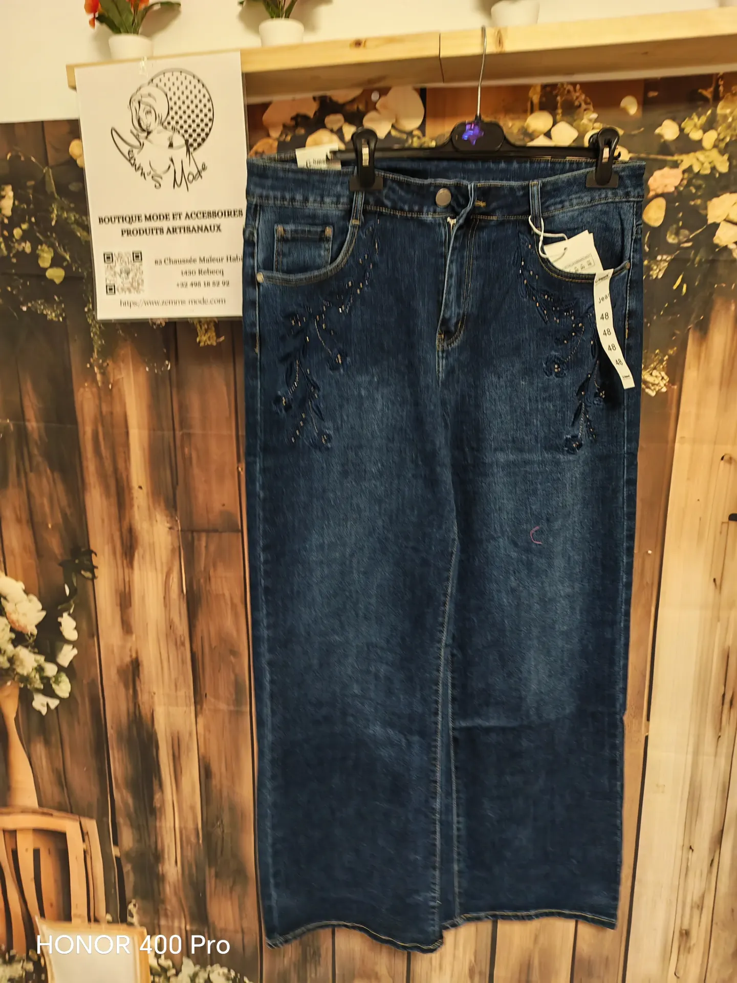 Jeans Wide Leg bleu brut broderie-strass