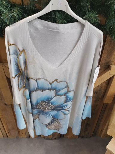 Pull fin fleur dorure bleu