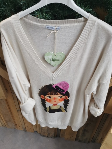 Pull fillette bonnet blanc cassé