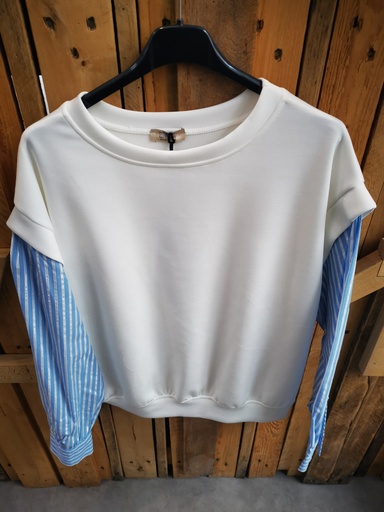 Pull "Adèle" blanc-manches chemise lignées bleues 