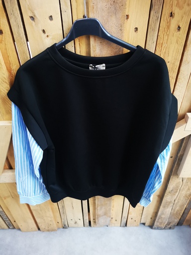 Pull "Adèle" noir-manches chemise lignées bleues