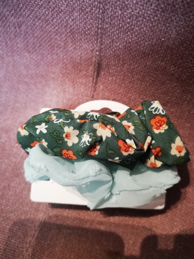 Duo de chouchou vert eau fleuris pour cheveux