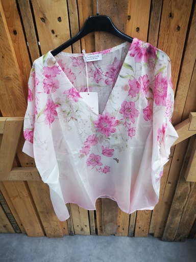 Blouse fleurie drapée fuchsia