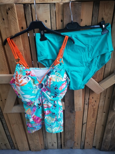 Maillot de bain 2 pièces vert eau fleuri et orange (HMD029) 