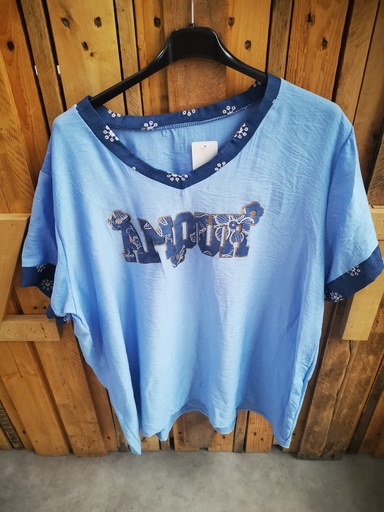 Blouse "Amour" bleu, col et manches en jeans 