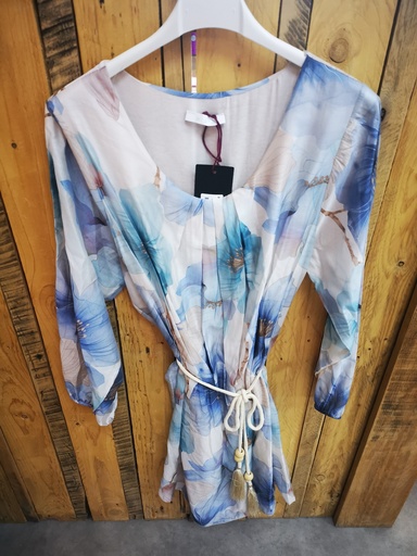 Robe fleurie en voile "Linie" bleu et gris