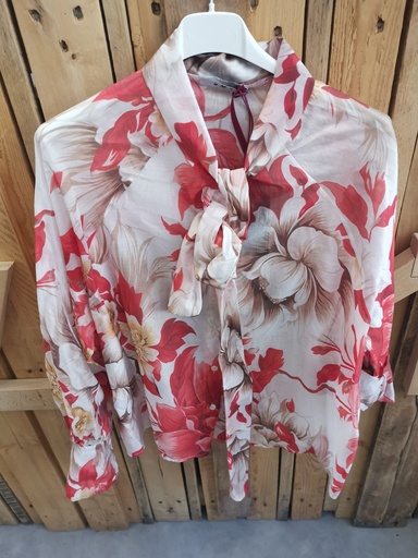 Blouse en voile fleurie "Méline" beige et rouge
