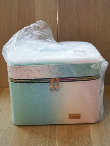 Trio Beauty Case fond aqua et beige, tacheté argenté, tirette arc-en-ciel 