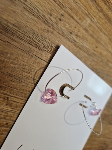 Boucles d'oreilles argentées cœur Swarovski rose pâle interchangeables (Fééries)
