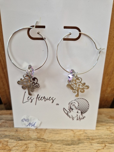 Boucles d'oreilles argentées arbre de vie cœur Swarovski(Fééries)