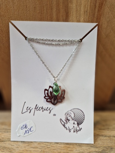 Collier argenté fleurs lotus/ goutte perridot Swarovski (Fééries)