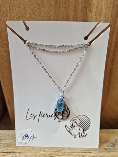 Collier argenté mandala fleurs/ goutte bleue ciel Swarovski (Fééries)
