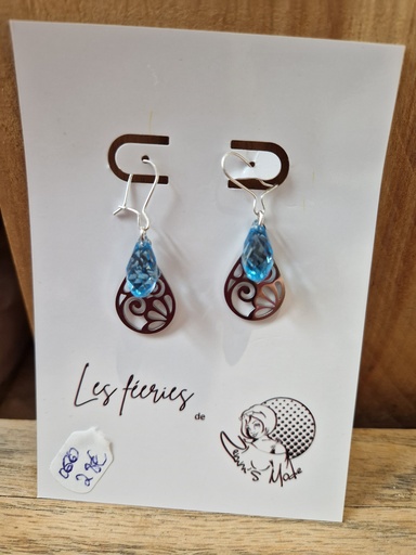 Boucles d'oreilles argentées mandala fleuri/gouttes bleues Swarovski(Fééries)