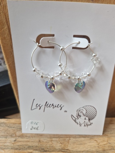 Boucles d'oreilles Créoles argentées perles Crystal et cœur irisé (Fééries)