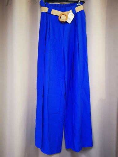 Pantalon "Assia" fluide uni avec ceinture bleu roi