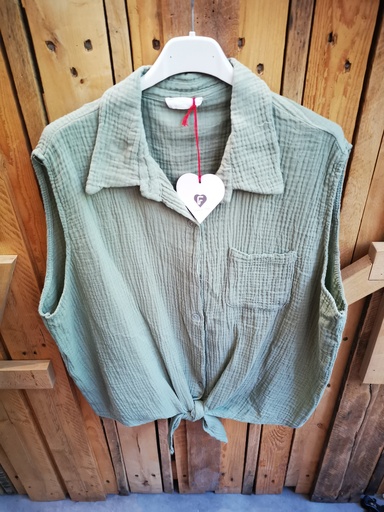 Blouse en gaze de coton "Charlize" avec bouton et nœud kaki