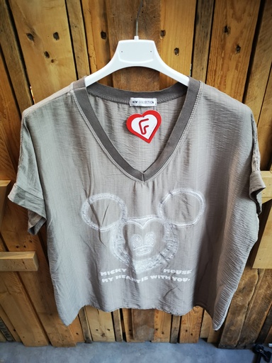 Blouse Mickey avec strass "My Heart" taupe