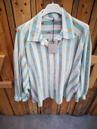 Chemise en coton lignée et fleurie turquoise