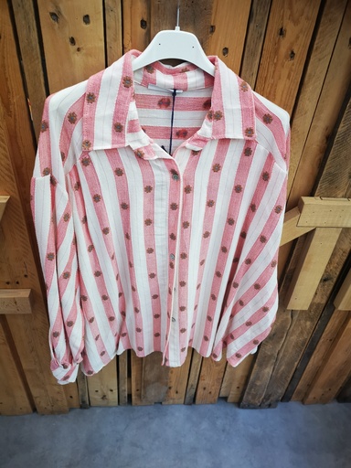Chemise en coton lignée et fleurie corail