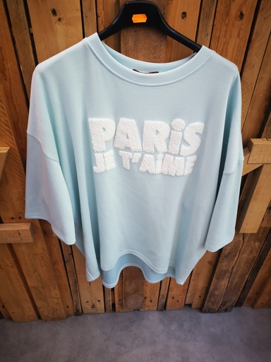 T-shirt pull "Paris je t'aime" bleu ciel et blanc