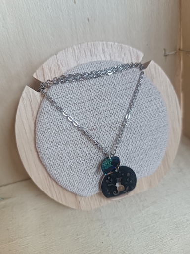 Collier argenté médaillon chat cœur Swarovski Blue Zircon (Fééries)
