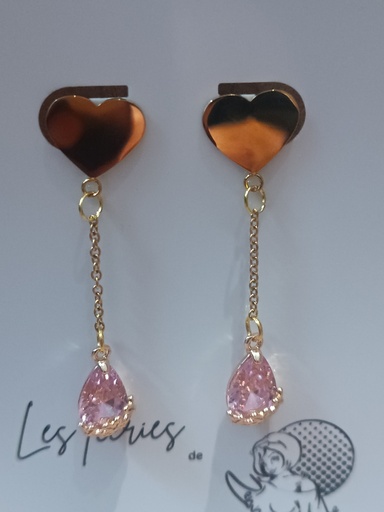 B.O. dorée coeur & Cabochon ovale rose fleurs (Fééries)