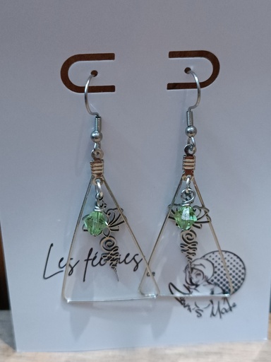 B.O. argentée triangle Swarovski perle peridot & Lotus pendant (Fééries)