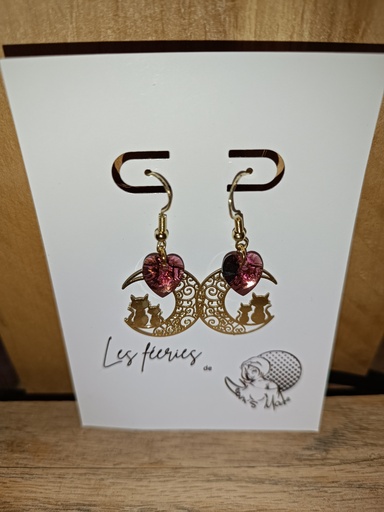 B.O. dorée Lune avec chats & Cœur Swarovski Dark Rose (Fééries)