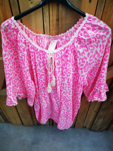 Blouse Léa col brodé Rose fluo
