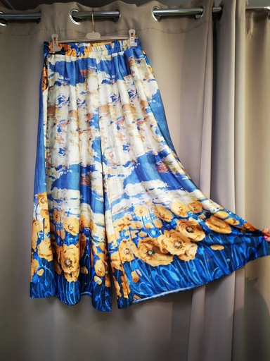 Pantalon "satin" bleu fleuri