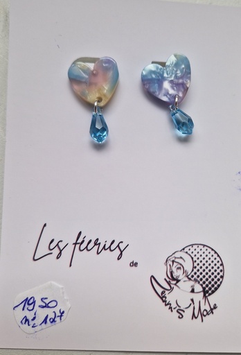 B.O. clou argenté coeur bleu/rose goute swarovski aquamarine (Fééries)