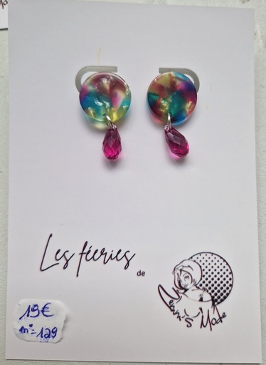 B.O. clou argenté rond turquoise/fuchsia goute swarovski fuchsia (Fééries)