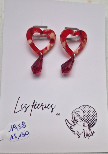 B.O. clou argenté coeur ajouré rouge goute swarovski siam (Fééries)
