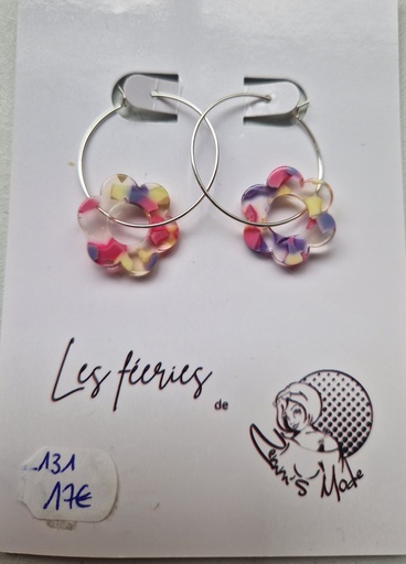 Créoles argent fleur marbrée vanille (Fééries)