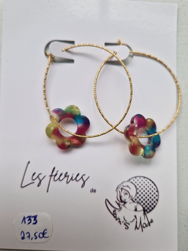 Créole diamantée or fin fleur marbrée rose/violet (Fééries)