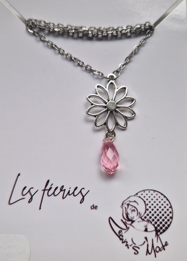 Collier argenté fleur ajourée goute rose Swarovski (Fééries)